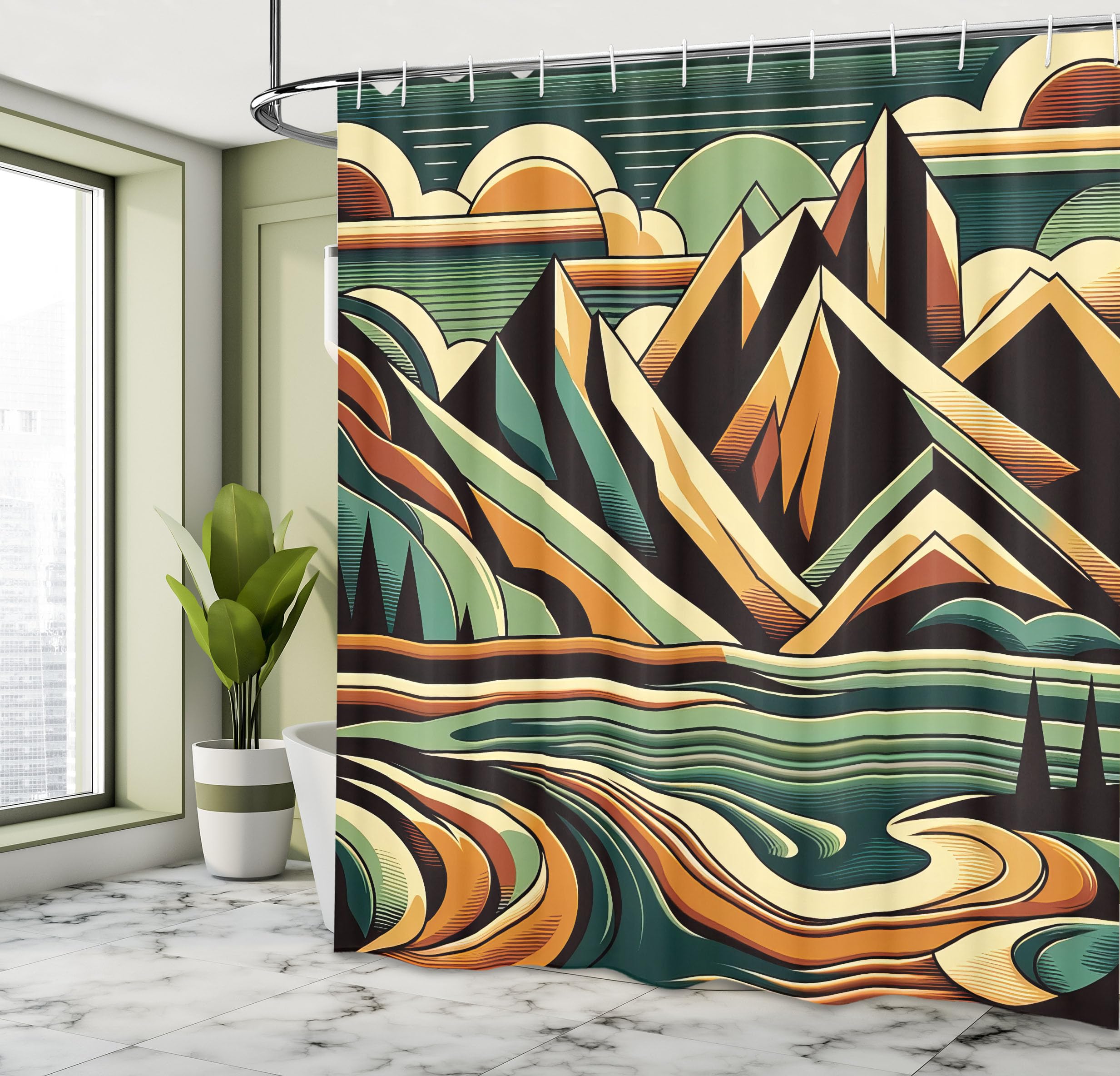 Ambesonne Lake Shower Curtain, Abstract Mid Century Modern Concept Mountain Landscape Nature Line Details, Cloth Fabric Bathroom